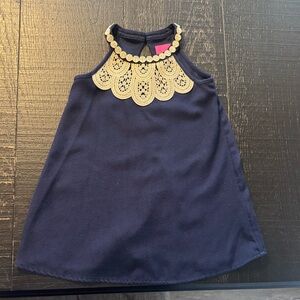 Lily Pulitzer Navy Toddler Dress with Gold Embroidered Lace Collar size 3